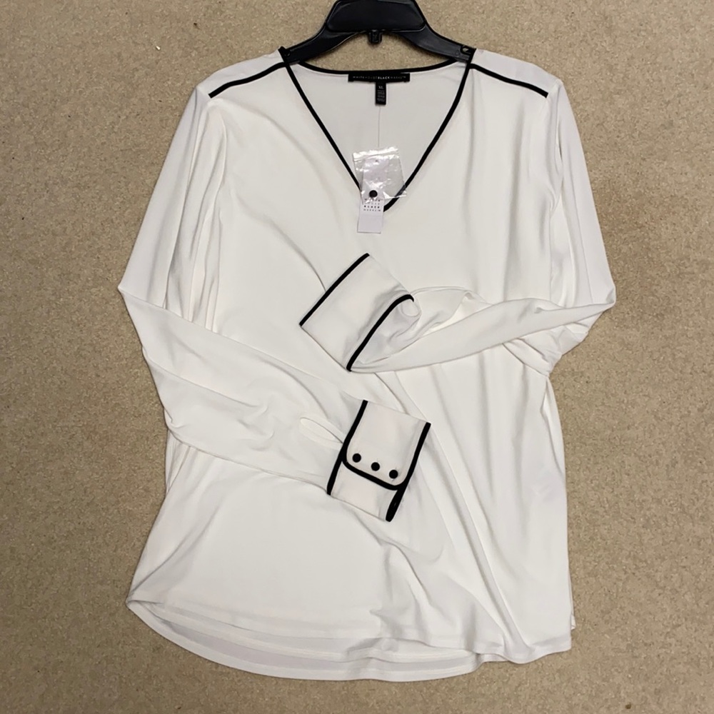 Womens White V-Neck Top with Black Trim